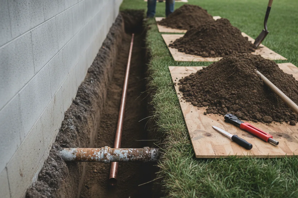 Excavated water line trench during Water Softener Installation in Newton Grove